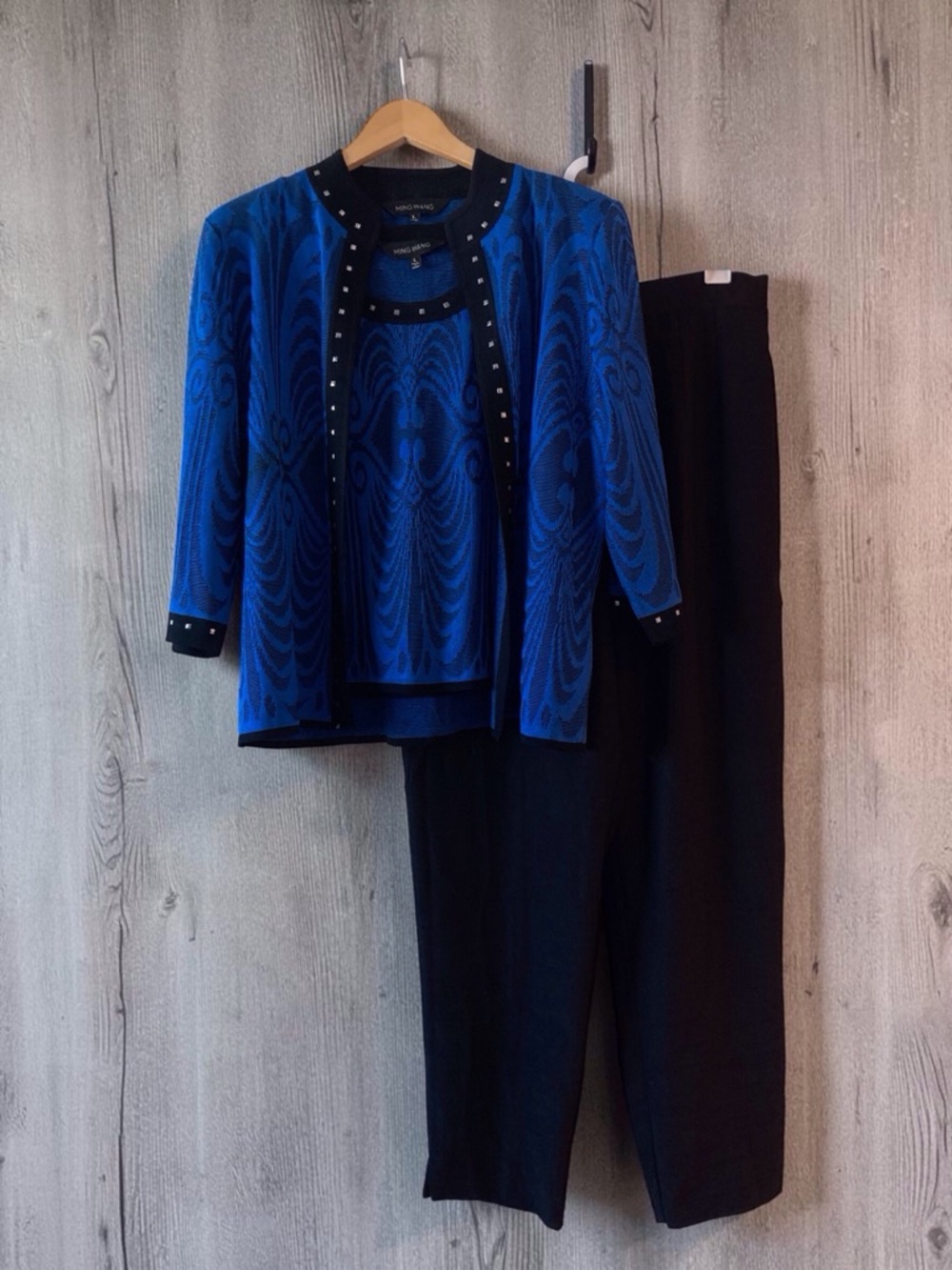 Ming Wang 3 Piece Set Jacket Top Wide Leg Pants Royal Blue Black Jacquard Studs
